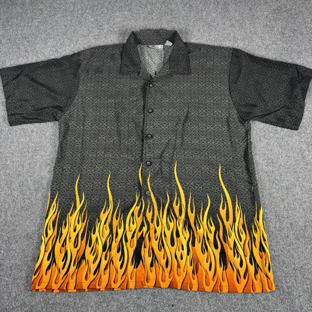 Vintage Y2K Breakdown Flame Short Sleeve Button Down Shirt Men's Size XL Gray‎